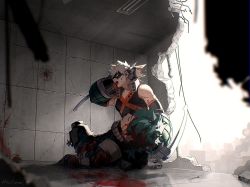 Rule 34 | 1other, 2boys, artist name, bakugou katsuki, blonde hair, blood, blood on arm, blood on clothes, blood on face, blood on ground, blood on wall, blurry, blurry foreground, bodysuit, boku no hero academia, closed eyes, crack, cracked wall, cut (nifuhami 35), depth of field, destruction, freckles, green eyes, green hair, hole in wall, light, male focus, mask, midoriya izuku, multiple boys, open mouth, red eyes, spiked hair, torn bodysuit, torn clothes, unconscious