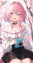 Rule 34 | 1girl, :d, black choker, black skirt, blue eyes, blush, breasts, camera, cherry blossoms, choker, cleavage, collarbone, dated, day, detached sleeves, gradient eyes, hair between eyes, highres, holding, holding camera, honkai: star rail, honkai (series), kiz mk, long sleeves, march 7th (honkai: star rail), medium hair, multicolored eyes, off-shoulder shirt, off shoulder, open mouth, outdoors, pink eyes, pink hair, pleated skirt, shirt, signature, sitting, skirt, small breasts, smile, solo, two-tone eyes, white shirt