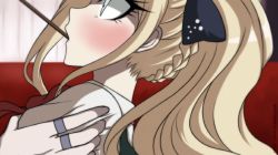 Rule 34 | 1boy, 1girl, black bow, blonde hair, blush, bow, braid, couch, criis-chan, danganronpa (series), danganronpa 2: goodbye despair, food, from side, hair bow, jewelry, long hair, looking up, mouth hold, pocky, ponytail, profile, ring, shoulder grab, solo focus, sonia nevermind, tanaka gundham, upper body, watermark, web address