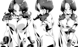Rule 34 | 1girl, blush, breasts, closed mouth, collarbone, dragon ball, dragonball z, fingerless gloves, gloves, greyscale, looking at viewer, low twintails, monochrome, multiple views, rom (20), shirt, short sleeves, short twintails, standing, twintails, videl