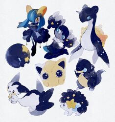Rule 34 | alternate color, alternate shiny pokemon, animal focus, blue eyes, bow, bright pupils, claws, closed mouth, commentary request, creatures (company), dot mouth, full body, game freak, gen 1 pokemon, gen 3 pokemon, gen 4 pokemon, gen 5 pokemon, gothorita, grey background, hand on own face, hands up, jigglypuff, kirlia, lapras, leaf, legendary pokemon, li04r, looking at viewer, looking to the side, munna, mythical pokemon, neck ribbon, night, night sky, nintendo, no humans, no mouth, pachirisu, pokemon, pokemon (creature), ribbon, sandshrew, shaymin, shaymin (land), simple background, sky, smile, star (symbol), white bow, white ribbon, yellow eyes, yellow lips