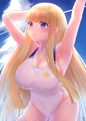 Rule 34 | 1girl, absurdres, armpits, azur lane, blonde hair, breasts, cleavage, competition swimsuit, hands up, highleg, highleg swimsuit, highres, icarus (azur lane), icarus (nereid&#039;s discovery) (azur lane), impossible clothes, impossible swimsuit, large breasts, long hair, miki miki, one-piece swimsuit, purple eyes, royal navy emblem (azur lane), shortstack, skindentation, solo, swimsuit, thighhighs, very long hair, white one-piece swimsuit, white thighhighs