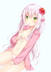 Rule 34 | 1girl, amashiro natsuki, bad id, bad pixiv id, bikini, blush, bow, collarbone, crossed bangs, dutch angle, flower, food, front-tie bikini top, front-tie top, green eyes, hair between eyes, hair bow, hand up, hibiscus, highres, holding, holding food, hood, hoodie, long hair, looking at viewer, navel, open clothes, open hoodie, parted lips, pink bow, popsicle, red flower, side-tie bikini bottom, sidelocks, simple background, sitting, solo, swimsuit, thighs, tsurime, twintails, white background, white bikini, white hair