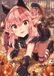 Rule 34 | 1girl, all fours, animal ears, asymmetrical legwear, black gloves, blurry, blush, cat ears, cat tail, commentary request, cowlick, depth of field, gloves, hair between eyes, halloween, halterneck, hand up, highres, jack-o&#039;-lantern, long hair, looking at viewer, mismatched legwear, narumi arata, open mouth, original, pink hair, pointy ears, recri (narumi arata), red eyes, red ribbon, revision, ribbon, shorts, smile, solo, striped clothes, striped legwear, striped thighhighs, tail, tail ornament, tail ribbon, thighhighs, thighs, wings