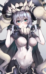 Rule 34 | 1girl, abyssal ship, blue eyes, blush, bodysuit, breasts, capelet, covered navel, grey background, hasumushi, highres, kantai collection, large breasts, looking at viewer, monster, pale skin, parted lips, silver hair, simple background, solo, tentacles, wo-class aircraft carrier