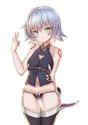 Rule 34 | 1girl, bare arms, bare shoulders, belt, belt buckle, black panties, black shirt, black thighhighs, brown belt, buckle, cameltoe, closed mouth, commentary request, crossed belts, dagger, facial scar, fate/apocrypha, fate (series), green eyes, groin, hair between eyes, hand up, head tilt, highres, holding, holding dagger, holding knife, holding weapon, jack the ripper (fate/apocrypha), knife, lowleg, lowleg panties, navel, panties, scar, scar across eye, scar on cheek, scar on face, shirt, short hair, shoulder tattoo, silver hair, simple background, skindentation, sleeveless, sleeveless shirt, smile, solo, string panties, tattoo, thighhighs, toki (yoyobozi), underwear, v, weapon, white background