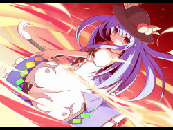 Rule 34 | 1girl, blue hair, female focus, food, fruit, hat, highres, hinanawi tenshi, letterboxed, long hair, miko machi, peach, red eyes, solo, standing, sword, sword of hisou, touhou, weapon