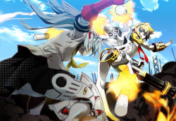 Rule 34 | 2girls, aegis (persona), android, aqua hair, ass, atlus, axe, battle axe, blonde hair, blue eyes, blue hair, headphones, joints, labrys (persona), long hair, multiple girls, nyoro (nyoronyoro000), persona, persona 3, persona 4: the ultimate in mayonaka arena, pleated skirt, ponytail, robot joints, school uniform, short hair, skirt, very long hair, weapon