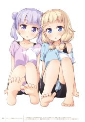 Rule 34 | 10s, 2girls, :o, absurdres, alternate hairstyle, arm support, barefoot, bike shorts, black shorts, blonde hair, collarbone, d:, double bun, eyebrows, feet, hair bobbles, hair ornament, highres, long hair, looking at viewer, multiple girls, new game!, off-shoulder shirt, off shoulder, official art, open mouth, purple eyes, purple hair, sakura nene, scan, shirt, shorts, simple background, sitting, soles, star (symbol), suzukaze aoba, toes, tokunou shoutarou, twintails, white background