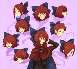 Rule 34 | 1girl, alternate hairstyle, bow, cape, comparison, covering one eye, disembodied head, closed eyes, hair bow, hair ornament, jpeg artifacts, long sleeves, looking at viewer, looking up, one eye closed, open mouth, profile, red eyes, red hair, sekibanki, shirt, short hair, simple background, smile, sweatdrop, touhou, urin