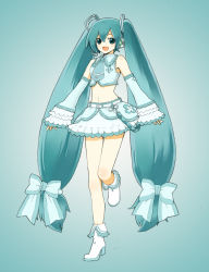 Rule 34 | 1girl, ankle boots, belt, blue eyes, blue hair, blue theme, boots, bow, daigoman, detached sleeves, frills, full body, hatsune miku, headset, highres, legs, long hair, matching hair/eyes, necktie, simple background, skirt, solo, standing, twintails, very long hair, vocaloid