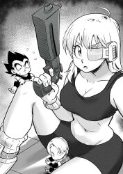 Rule 34 | 1girl, 2boys, absurdres, between legs, black hair, breasts, bulma, cleavage, dragonball z, family, gloves, gun, hair between eyes, highres, large breasts, long hair, medium breasts, midriff, multiple boys, navel, open mouth, pink mousse, serious, shorts, sitting, size difference, sweatdrop, trunks (dragon ball), vegeta, weapon