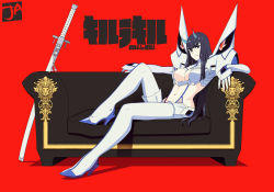 Rule 34 | 1girl, black eyes, black hair, bodysuit, boots, breasts, closed mouth, copyright name, couch, high heel boots, high heels, highres, hime cut, horns, j adsen, katana, kill la kill, kiryuuin satsuki, large breasts, long hair, navel, reclining, red background, revealing clothes, scabbard, sheath, sheathed, signature, simple background, sitting, solo, sword, thick eyebrows, thighhighs, very long hair, weapon