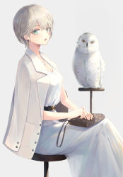 Rule 34 | 1girl, absurdres, bag, belt, bird, blue eyes, breasts, chanel, cleavage, colored eyelashes, dress, earrings, eyebrows, fashion, green eyes, grey hair, handbag, highres, jewelry, large breasts, looking at viewer, louis vuitton (brand), multicolored eyes, necklace, original, owl, parted lips, pigone, short hair, sitting, smile, solo, stool, white dress