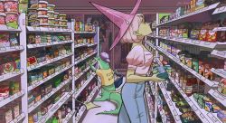 Rule 34 | 1boy, 1girl, backwards hat, brand name imitation, commentary, denim, english commentary, hat, highres, javi draws, jeans, lizard, original, pants, pink hair, pink shirt, pointy ears, shirt, shopping, short hair, supermarket, witch, witch hat