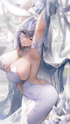 Rule 34 | 1girl, :p, animal ears, armpits, arms up, ass, azur lane, backless outfit, blue eyes, blue hair, blush, breasts, bridal veil, cleavage, dress, fake animal ears, flower, gloves, heart, heart-shaped pupils, highres, huge breasts, long hair, looking at viewer, new jersey (azur lane), new jersey (snow-white ceremony) (azur lane), official alternate costume, pupuki, rabbit ears, solo, symbol-shaped pupils, tongue, tongue out, veil, very long hair, wedding dress, white dress, white gloves