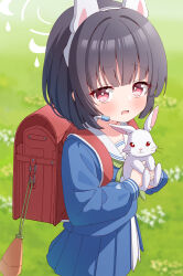 Rule 34 | 1girl, aged down, animal, animal ears, azel (laevateinn495), backpack, bag, black hair, blue archive, blue serafuku, blurry, blurry background, commentary request, fake animal ears, grass, green neckerchief, halo, headgear, highres, holding, holding animal, holding rabbit, long sleeves, looking at viewer, miniskirt, miyu (blue archive), neckerchief, open mouth, outdoors, pleated skirt, puffy long sleeves, puffy sleeves, rabbit, rabbit ears, randoseru, red bag, red eyes, sailor collar, school uniform, serafuku, short hair, skirt, solo, white halo, white sailor collar