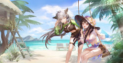 Rule 34 | 2girls, :d, ;d, alternate costume, animal ears, arknights, beach, bikini, bikini top only, bikini under clothes, black hair, black shorts, blue eyes, blue flower, blue rose, blue skirt, breasts, cleavage, day, ears through headwear, feet out of frame, flower, gradient hair, grey hair, hair ornament, hairclip, hat, unworn hat, unworn headwear, highres, huangbanmimi, ladder, lappland (arknights), large breasts, leaning forward, long hair, long sleeves, looking at viewer, multicolored hair, multiple girls, navel, ocean, one eye closed, open clothes, open mouth, open shirt, outdoors, palm tree, parted lips, purple bikini, purple headwear, red eyes, rose, sarong, sharp teeth, shirt, short shorts, shorts, shrug (clothing), sitting, skirt, smile, standing, sun hat, swimsuit, swing, teeth, texas (arknights), tied shirt, tree, treehouse, v, very long hair, water, white flower, white shirt, wolf ears