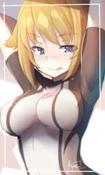 Rule 34 | 10s, 1girl, arms behind head, blue eyes, blush, bodysuit, border, breasts, brown hair, covered erect nipples, gundam, gundam build fighters, gundam build fighters try, hoshino fumina, large breasts, licking lips, short hair, short sleeves, signature, smile, solo, tilt-shift (azalanz), tongue, tongue out, translucent hair, upper body
