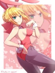 Rule 34 | 10s, 1girl, alternate costume, animal ears, ass, bare shoulders, blonde hair, breasts, fake animal ears, fate/extra, fate (series), green eyes, hand on own hip, heart, heart background, nero claudius (fate), nero claudius (fate) (all), nero claudius (fate/extra), ookami maito, pantyhose, pink background, playboy bunny, rabbit ears, short hair, sideboob, smile, solo, twitter username, zoom layer