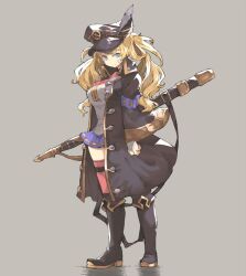 Rule 34 | 1girl, black coat, black footwear, black hat, blonde hair, boots, breasts, closed mouth, coat, full body, granblue fantasy, green eyes, grey background, hat, hat feather, knee boots, large breasts, long hair, long sleeves, looking at viewer, monika weisswind, open clothes, open coat, shimazaki1152, simple background, solo, standing, thighhighs, twintails, weapon