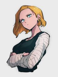 Rule 34 | 1girl, android 18, black shirt, blonde hair, blue eyes, closed mouth, dragon ball, dragonball z, earrings, green eyes, jewelry, kemachiku, looking away, shirt, short hair, simple background, solo, striped sleeves, upper body, white sleeves