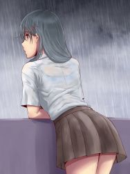 Rule 34 | 10s, 1girl, back, blouse, commentary request, from behind, hair ornament, hairclip, ishii hisao, kantai collection, long hair, pleated skirt, rain, school uniform, see-through, shirt, skirt, suzuya (kancolle), wet, wet clothes, white shirt