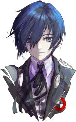 Rule 34 | 1boy, black ribbon, blue eyes, blue hair, closed mouth, collared shirt, commentary request, eyes visible through hair, headphones, headphones around neck, korean commentary, korean text, looking at viewer, male focus, neck ribbon, oollnoxlloo, persona, persona 3, portrait, ribbon, shirt, solo, transparent background, upper body, white shirt, wing collar, yuuki makoto (persona 3)