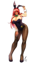 Rule 34 | 1girl, alternate costume, animal ears, bare shoulders, blue eyes, blush, bow, braid, breasts, brown pantyhose, cleavage, contrapposto, detached collar, fake animal ears, full body, high heels, highres, hong meiling, huge breasts, koyubi (littlefinger1988), leotard, long hair, looking to the side, pantyhose, playboy bunny, rabbit ears, red hair, simple background, smile, solo, star (symbol), thighs, touhou, twin braids, white background, wrist cuffs