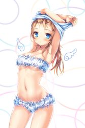 Rule 34 | 1girl, :&lt;, armpits, arms up, bandeau, blue eyes, blush, bow, bow panties, bra, breasts, brown hair, cinderella bust, circle, cleavage, closed mouth, contrapposto, cowboy shot, eyelashes, frilled bra, frilled panties, frills, groin, juke, long hair, looking at viewer, medium breasts, messy hair, navel, original, panties, shiny skin, shirt, shirt over head, solo, standing, stomach, strapless, strapless bra, underboob, underwear, undressing, white background, white bow, white bra, white panties, white shirt
