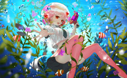 Rule 34 | 1girl, absurdres, blouse, canking, clownfish, cropped shirt, fish, grey necktie, helmet, highres, holding, holding water gun, huge filesize, looking at viewer, midriff, necktie, open mouth, original, pink hair, pink skirt, pink thighhighs, plant, pleated skirt, red eyes, shirt, skirt, solo, thighhighs, underwater, water gun, white shirt