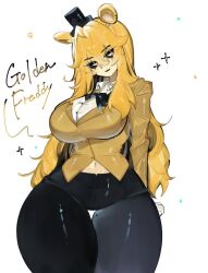 Rule 34 | animal ears, bear ears, black sclera, blonde hair, bow, bowtie, breasts, colored sclera, five nights at freddy&#039;s, formal, freckles, furry, furry female, golden freddy, hat, large breasts, long hair, midriff, navel, pants, robot, suit, thick thighs, thighs, togetoge, top hat, white eyes, wide hips