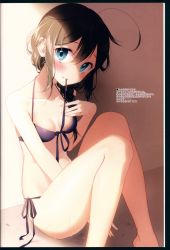 Rule 34 | 1girl, absurdres, ahoge, bikini, black bikini, blue eyes, blush, braid, breasts, brown hair, collarbone, front-tie bikini top, front-tie top, hair between eyes, hand on own chest, highres, huge filesize, kantai collection, light smile, long hair, looking at viewer, mouth hold, naoto (tulip), scan, shade, shigure (kancolle), side-tie bikini bottom, side braid, sidelocks, single braid, sitting, small breasts, solo, swimsuit, thighs, wet