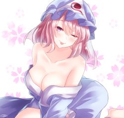 Rule 34 | 1girl, ;p, bare shoulders, barefoot, blue hat, blush, breasts, cleavage, collarbone, commentary request, floral background, foot out of frame, hair between eyes, hat, highres, kneeling, large breasts, looking at viewer, mob cap, one eye closed, pink eyes, pink hair, saigyouji yuyuko, shiranui (wasuresateraito), short hair, signature, simple background, solo, tongue, tongue out, touhou, triangular headpiece, undressing, white background