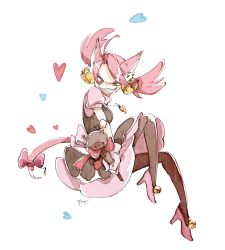 Rule 34 | 1girl, animal ears, bell, cat ears, cat tail, grin, high heels, highres, jingle bell, long hair, mad mew mew, magical girl, pink hair, pink heels, pink ribbon, puffy short sleeves, puffy sleeves, ribbon, short sleeves, sitting, skirt, smile, solo, tail, undertale