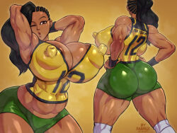 Rule 34 | 1girl, areola slip, armpits, arms behind head, arms up, ass, breasts, capcom, cleavage, covered erect nipples, covered navel, dark-skinned female, dark skin, female focus, huge ass, huge breasts, huge nipples, large nipples, laura matsuda, long hair, muscular, muscular female, one eye closed, rampage (leedash2), shorts, solo, steam, street fighter, street fighter v, sweat, thick thighs, thighs, wide hips, wristband