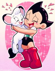 Rule 34 | 1boy, animal, atom (tetsuwan atom), black hair, black shorts, blush stickers, boots, cheek-to-cheek, closed eyes, creator connection, crossover, full body, gigi-starling, happy, heads together, heart, highres, hug, jungle taitei, knee boots, leo (jungle taitei), lion, lion cub, open mouth, outline, pink background, pointy hair, red footwear, short hair, short shorts, shorts, sparkle, standing, tetsuwan atom, topless male, white outline