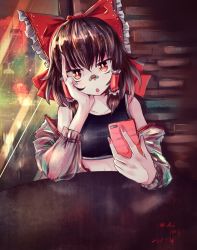 Rule 34 | 1girl, :o, artist name, bandaid, bandaid on face, bandaid on nose, bow, bright pupils, brown hair, city, commentary request, crop top, dated, detached sleeves, hair bow, hakurei fling, hakurei reimu, head rest, head tilt, highres, holding, holding phone, indoors, looking at viewer, nail polish, phone, pink nails, red bow, red eyes, sidelocks, solo, table, touhou, upper body, window