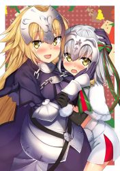 Rule 34 | &gt;:o, 2girls, :d, :o, armor, bad id, bad pixiv id, bell, black dress, black gloves, blonde hair, blush, capelet, chain, christmas, dress, elbow gloves, fate/apocrypha, fate/grand order, fate (series), faulds, fur trim, gauntlets, gloves, green ribbon, headpiece, highres, jeanne d&#039;arc (fate), jeanne d&#039;arc (ruler) (fate), jeanne d&#039;arc alter (fate), jeanne d&#039;arc alter santa lily (fate), kawai (purplrpouni), long hair, looking at viewer, multiple girls, open mouth, red ribbon, ribbon, short dress, silver hair, smile, striped ribbon, v-shaped eyebrows, wavy mouth, white dress