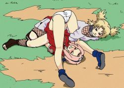 Rule 34 | 2girls, artist request, ass, bad anatomy, black footwear, blonde hair, blue footwear, blush, clenched teeth, clothes lift, dress, dress lift, embarrassed, closed eyes, fishnets, grass, haruno sakura, headband, headdress, legs, looking at another, lying, multiple girls, naruto, naruto (series), no pants, on ground, on side, outdoors, panties, pink hair, poorly drawn, quad tails, red dress, shadow, shoes, short hair, short sleeves, smile, smirk, submission, teeth, temari (naruto), toeless footwear, toes, underwear, upside-down, upskirt, white panties, wrestling