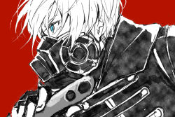 Rule 34 | 1boy, amichi1005, black gloves, blue eyes, code zero uniform, fingerless gloves, gas mask, gloves, highres, holding, holding knife, holding weapon, knife, looking to the side, male focus, mars red, mask, military uniform, painting (medium), partially colored, red background, suwa (mars red), traditional media, uniform, watercolor (medium), weapon, white hair