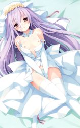 Rule 34 | 1girl, absurdres, breasts, covering privates, covering crotch, detached collar, dress, elbow gloves, flower wreath, gloves, highres, light purple hair, long hair, lying, mutou kurihito, nipples, no bra, open clothes, open dress, orb, panties, purple hair, small breasts, thighhighs, underwear, white gloves, white panties, white thighhighs