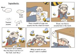 Rule 34 | 10s, 1girl, animal, animal ears, bandaid, bandaid on face, bandaid on nose, bee, bug, cape, comic, commentary, covering face, english text, food, giving up the ghost, honey badger (kemono friends), how to make sushi (meme), insect, kemono friends, long hair, lying, meme, mochi, open mouth, parody, ratel (kemono friends), school uniform, solo, source request, table, tail, translated, under table, wagashi