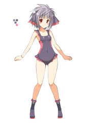Rule 34 | 1girl, bare shoulders, boots, breasts, closed mouth, color guide, covered navel, full body, great jaggi, hair ornament, light purple hair, monster hunter (series), ohta yuichi, one-piece swimsuit, personification, purple footwear, purple one-piece swimsuit, red eyes, short hair, simple background, small breasts, smile, solo, standing, swimsuit, white background, wristband