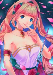 Rule 34 | 1girl, blue eyes, breasts, choker, dress, finger to mouth, flora (golden sun), flower, golden sun, hair flower, hair ornament, highres, jewelry, long hair, looking at viewer, nail polish, oas, open mouth, pink hair, red flower, red rose, rose, smile, solo