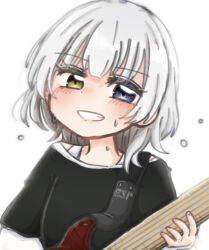 Rule 34 | 1girl, bang dream!, bang dream! it&#039;s mygo!!!!!, black shirt, blue eyes, blush, commentary request, electric guitar, grin, guitar, heterochromia, highres, instrument, kaname raana, looking at viewer, medium hair, open mouth, playing guitar, same (same d4), shirt, simple background, smile, solo, sweat, upper body, white background, white hair, yellow eyes