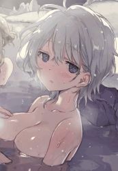 Rule 34 | 10s, 2girls, aislinn wishart, animated, animated gif, blush, breasts, cleavage, expressionless, floating breasts, hana-kagume, hand on own chest, kosegawa shiromi, large breasts, looking at viewer, lowres, multiple girls, nude, onsen, partially submerged, saki, saki (manga), saki achiga-hen, smile, snow, snowflakes, snowing, solo focus, towel, water