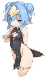 Rule 34 | 1girl, alternate costume, aqua eyes, arm behind back, bare shoulders, black dress, blue eyes, blue hair, blush, bracelet, breasts, bright pupils, china dress, chinese clothes, circlet, cleavage cutout, clothing cutout, covered navel, cropped legs, double bun, dress, female focus, hair bun, hair tie, hand up, headpiece, hellmatio, jewelry, karukan (monjya), light blush, looking at viewer, no panties, open mouth, pelvic curtain, pointy ears, shinrabanshou, short hair, side slit, simple background, sleeveless, sleeveless dress, small breasts, solo, standing, thick eyebrows, thighlet, white background