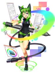 Rule 34 | 1girl, :d, ahoge, animal ears, bike shorts, black footwear, black gloves, blue eyes, boots, cat ears, copyright request, gloves, green gloves, green hair, hair between eyes, highres, kagiyama (clave), looking at viewer, mechanical ears, multicolored clothes, multicolored gloves, one eye closed, open mouth, original, palette (object), personification, rainbow, short hair, smile, solo, standing, standing on one leg, stylus, tail, usb