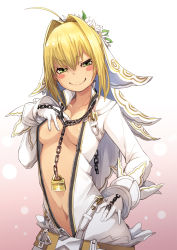 Rule 34 | 10s, 1girl, ahoge, belt, blonde hair, blush stickers, bodysuit, breasts, breasts apart, chain, collarbone, fate/extra, fate/extra ccc, fate (series), flower, fu-ta, gloves, green eyes, hair intakes, hand on own hip, hand on own chest, lock, looking at viewer, medium breasts, navel, nero claudius (bride) (fate), nero claudius (fate), nero claudius (fate) (all), padlock, shiny skin, smile, smug, solo, unzipped, veil, white bodysuit, zipper
